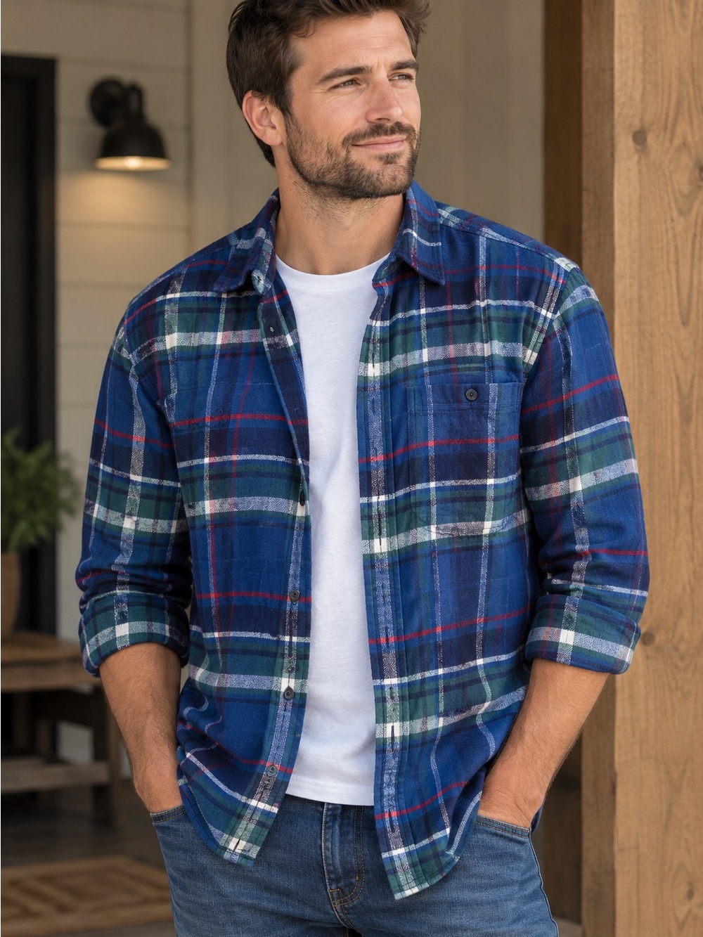 American Eagle Outfitters Blue Plaid Button-Down Shirt with Green & Red Trim